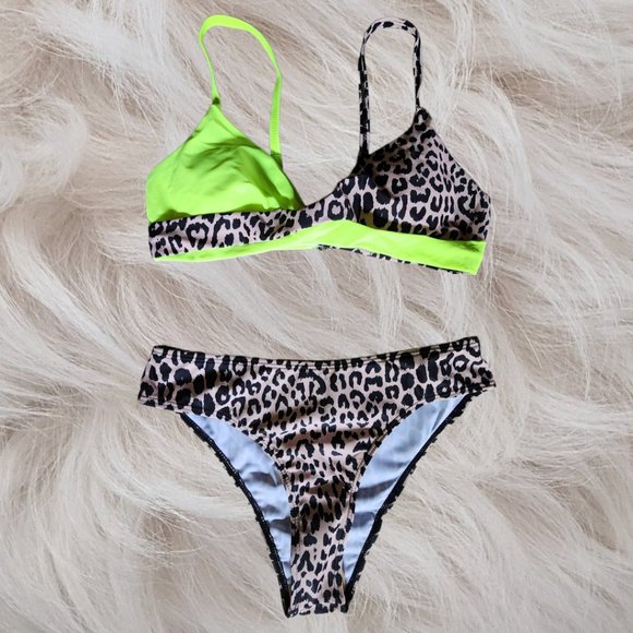NIB  L'ASHER (S) Lime/Yellow and Leopard Bikini Small NEW in BAG - Picture 1 of 6